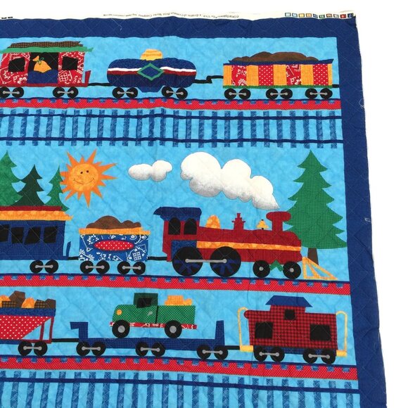 Vintage Dream Spinners VIP Cranston Fabric Panel Quilted Trains Blue 34x43 In - Picture 3 of 10